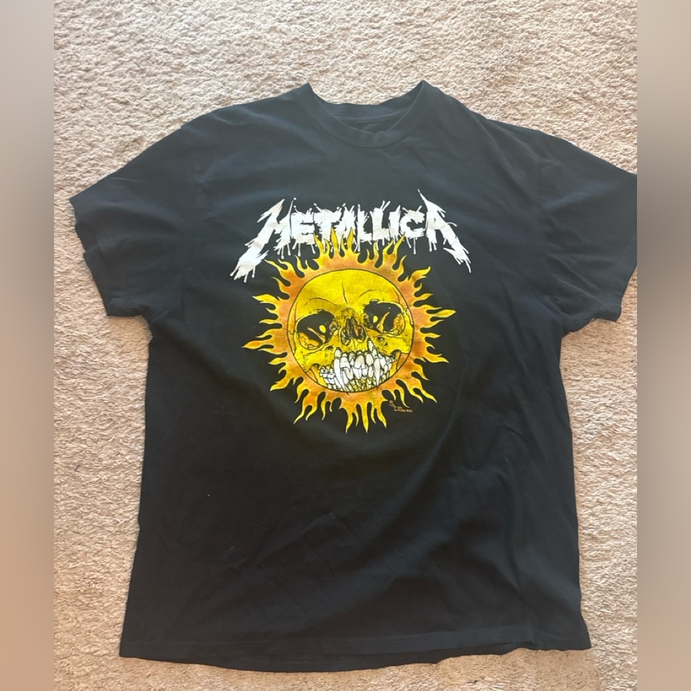 Metallica Flaming Skull T-Shirt | Black Graphic Band Tee | Size LG